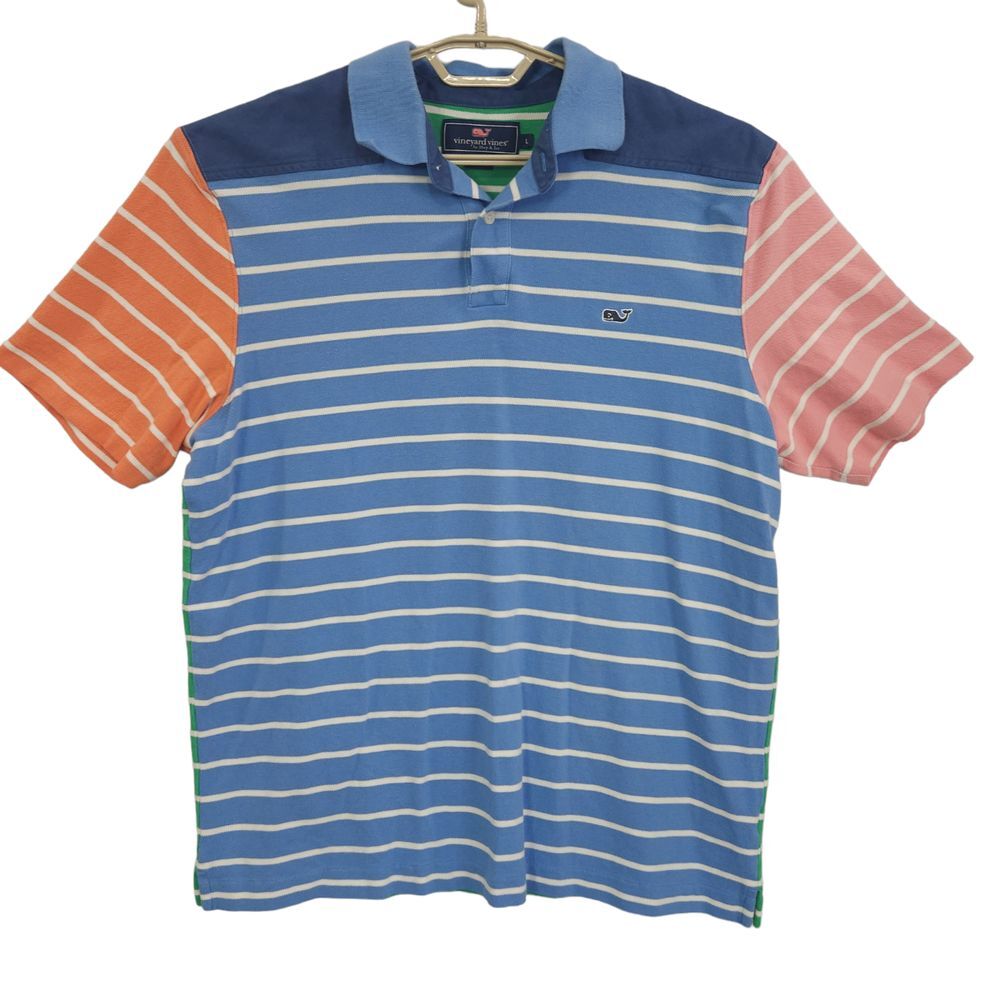 Vineyard Vines Blue Striped Polo with Orange and Pink Sleeves
